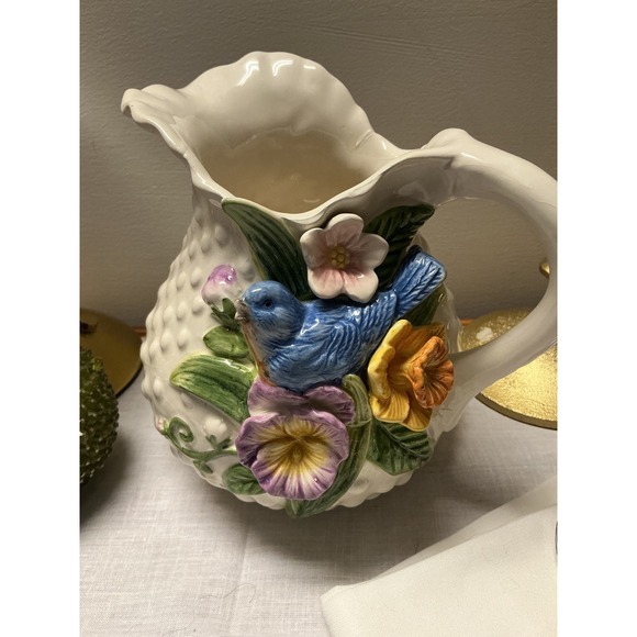 Other - Vintage Ceramic Bluebird and Floral Hobnail Pitcher Decorative Creamer Vase